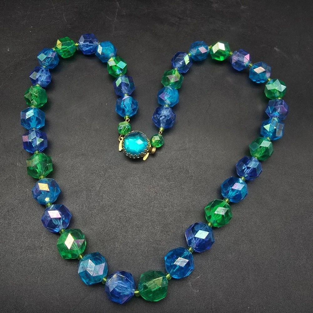West Germany Blue Green Beaded Necklace Aurora Borealis Plastic Vintage